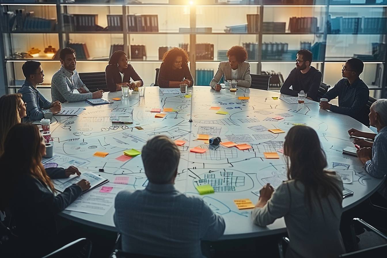 Une équipe en réunion discutant de la gestion du changement