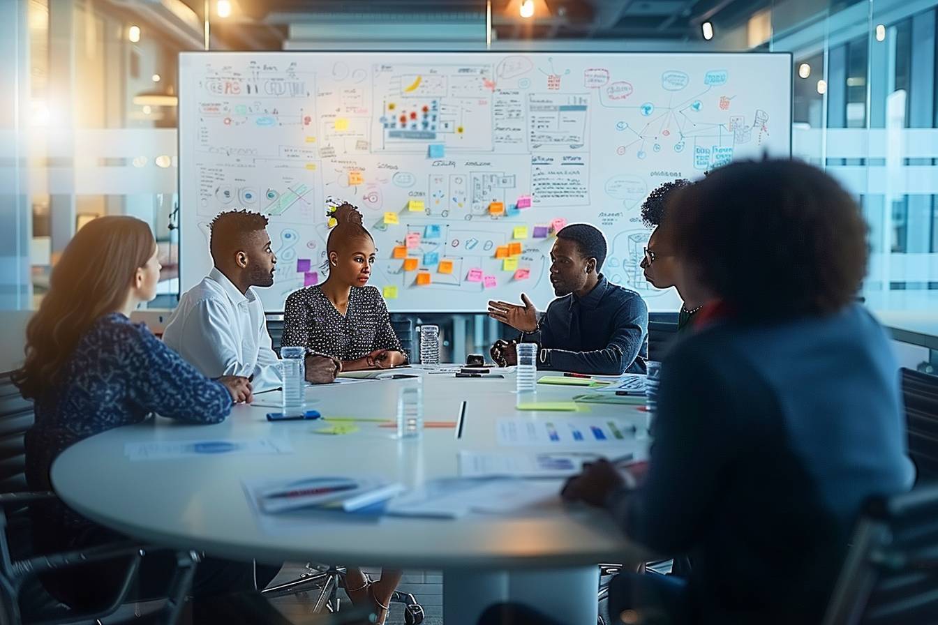 Une équipe en réunion discutant de la gestion du changement  
Des collaborateurs échangeant sur la préparation d'équipe