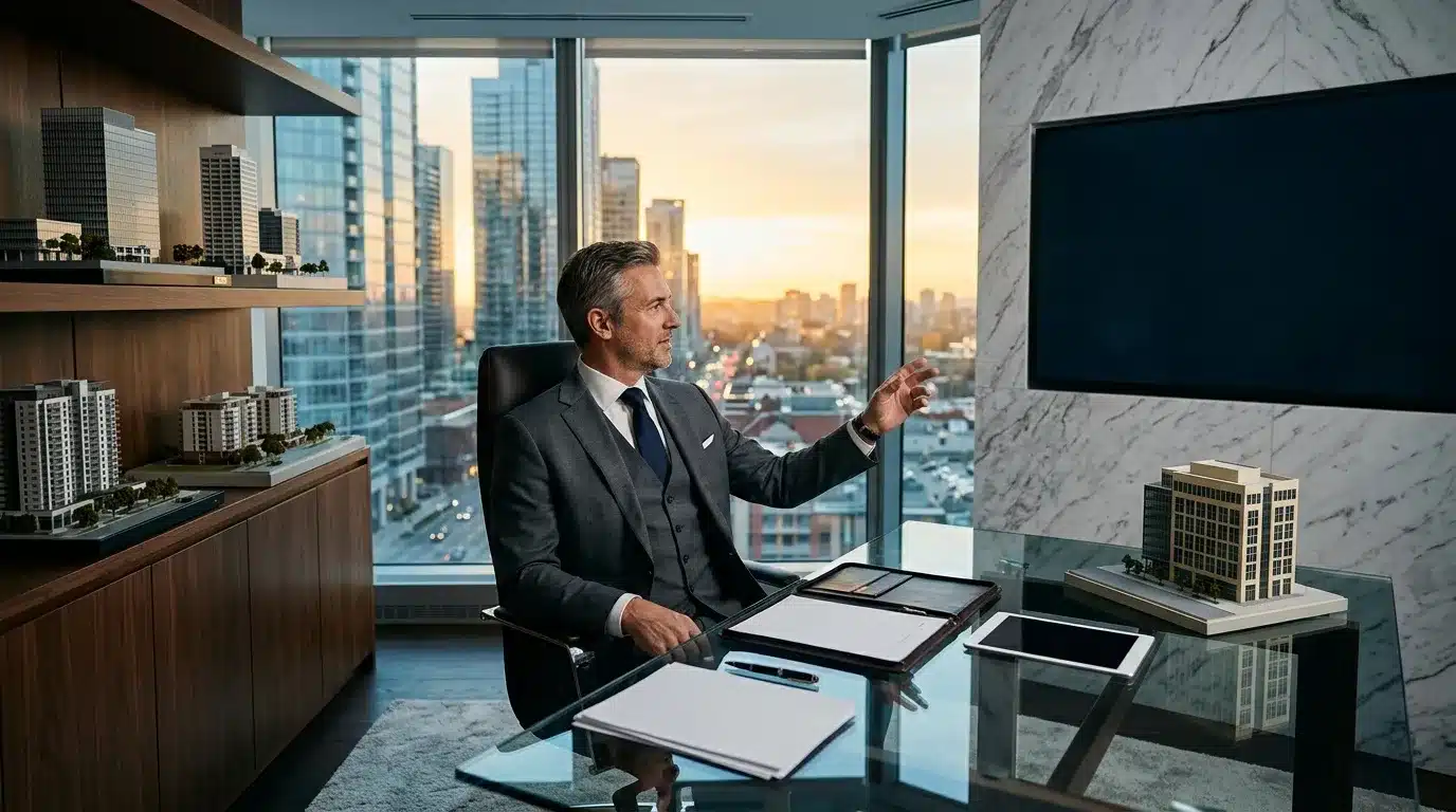 Homme d'affaires en costume dans bureau haut étage avec maquettes immobilières