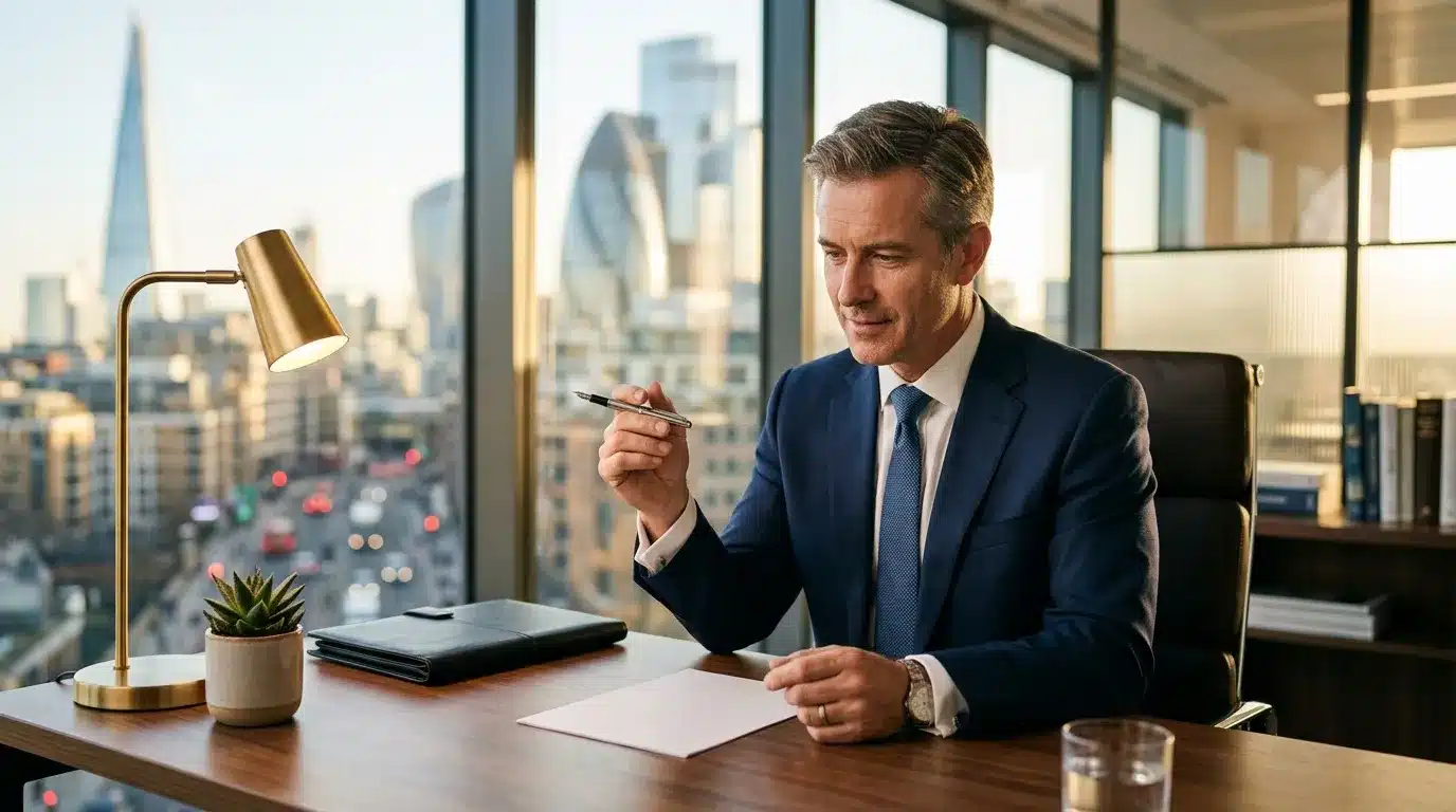 Homme d'affaires en costume travaillant dans un bureau haut de gratte-ciel